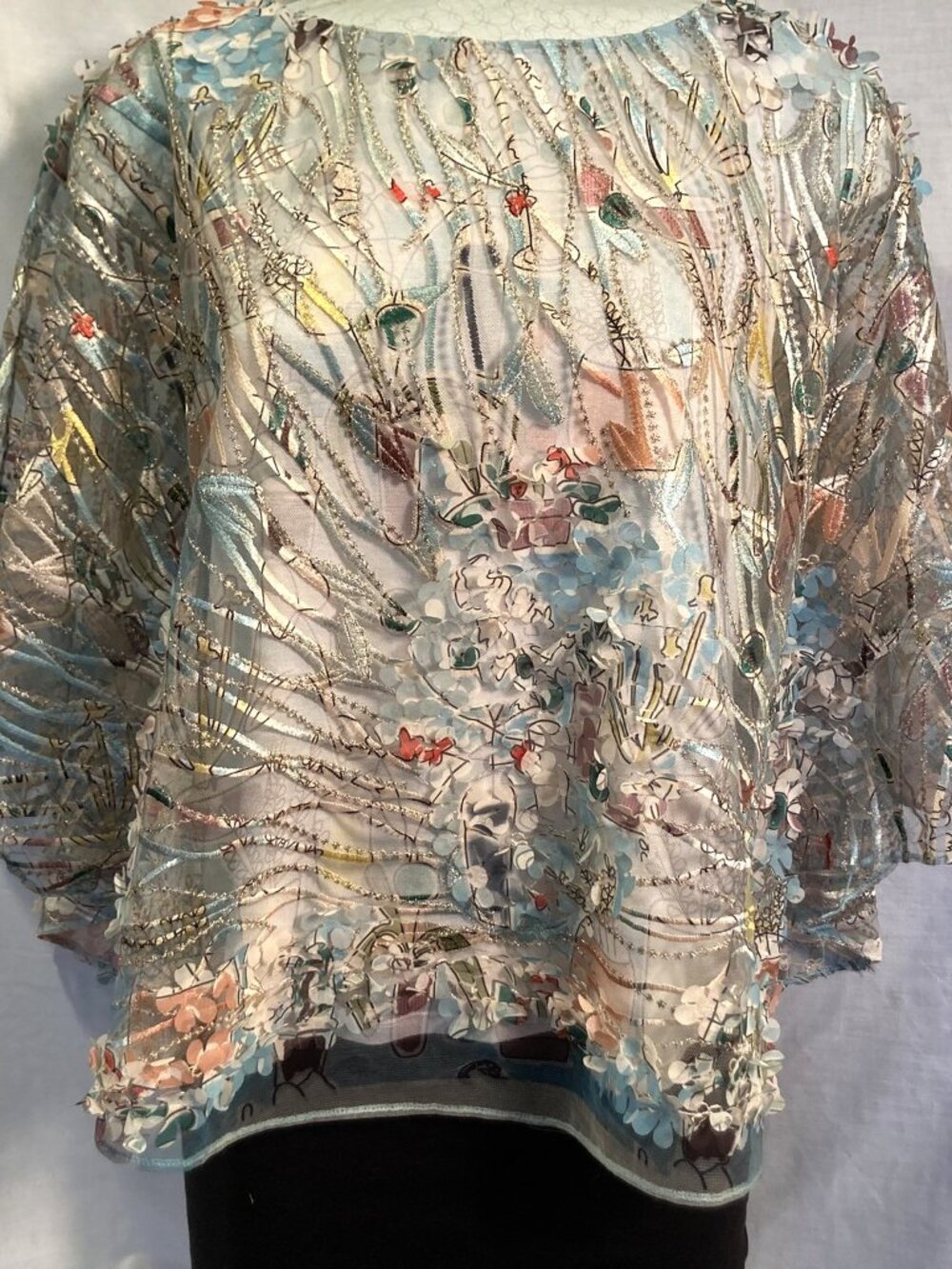 Peck & Peck Overlay Poncho Top 3D Floral Design